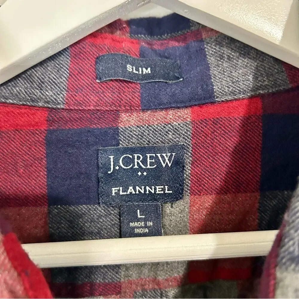 J. Crew Men’s Long Sleeve Plaid Flannel Button Down Shirt Red Blue Large FLAW